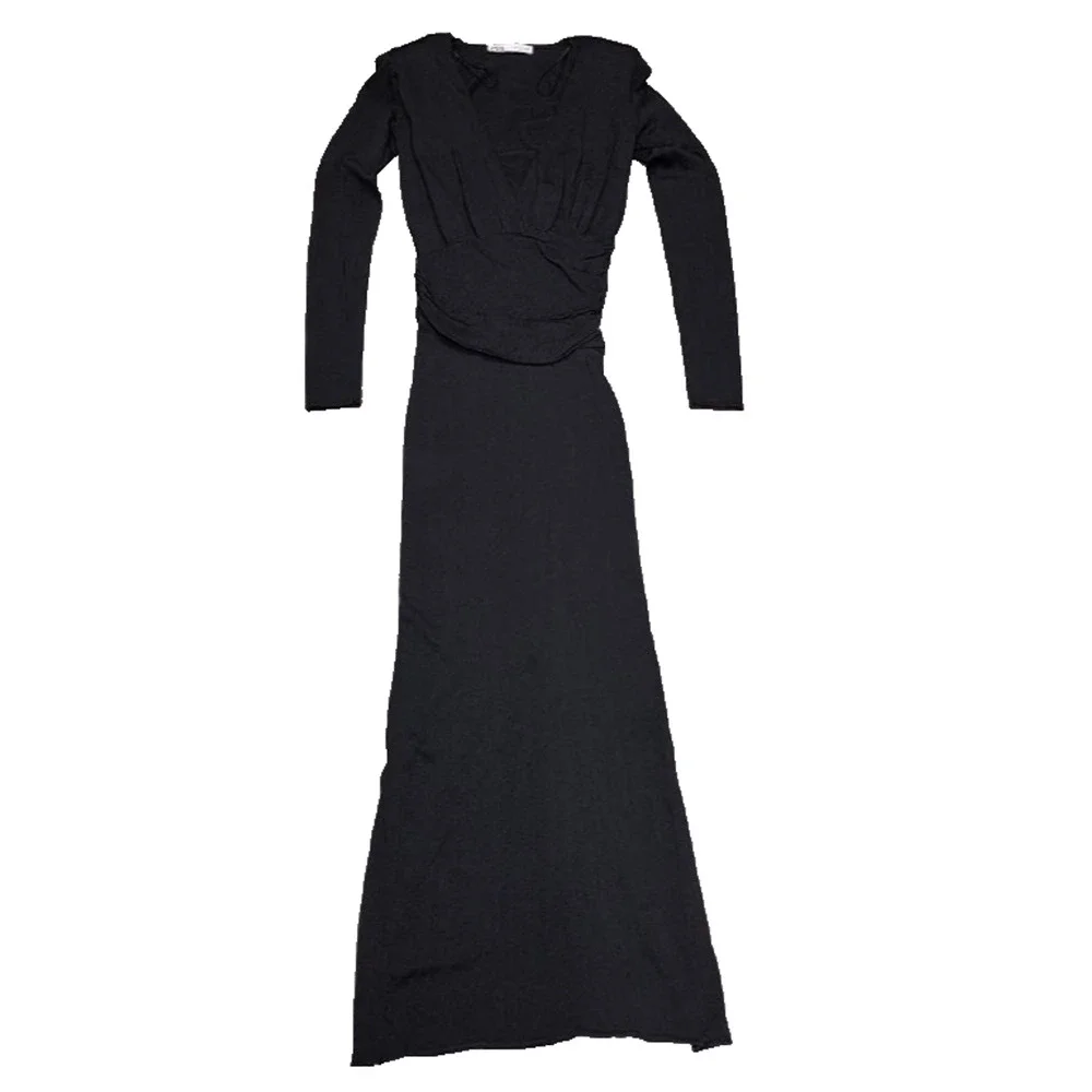 ZARA BLACK LONG GATHERED WAIST V-NECK KNIT DRESS WITH SHOULDER PADS S A005697 - Picture 2 of 9